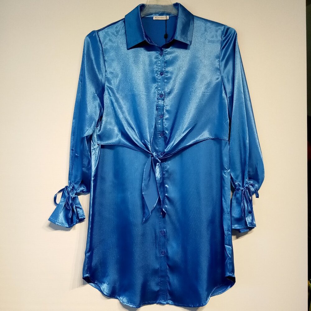 KOANDAILY Dress sz M Cobalt Blue  Shirt Dress  Tie Front Bell Sleeve  Mini   NWT